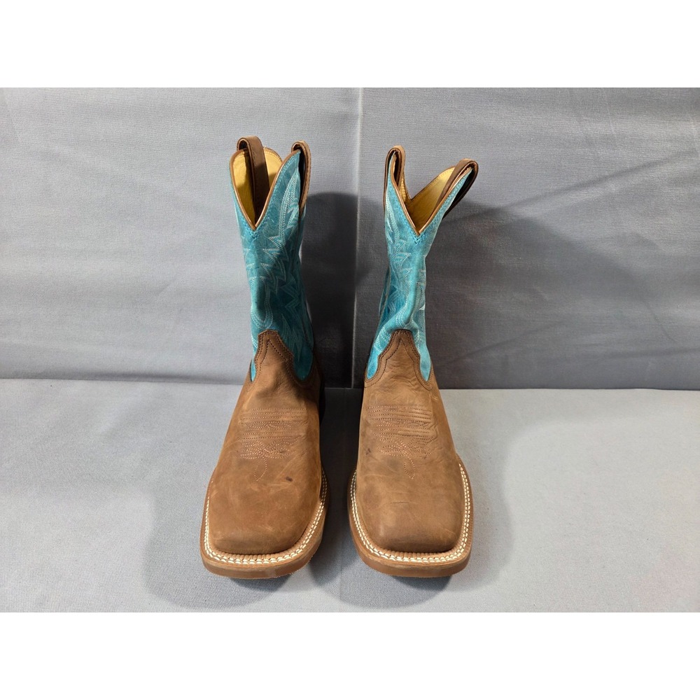 Justin Cowboy Boots Mens 11.5D Brown Blue Big Bucks Wide Square Toe Vibram Sole - Picture 3 of 15